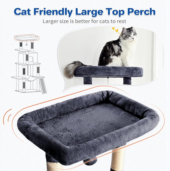 Cat Tree Tower 63in Multi-Level Cat Tower for Indoor Cats with Sisal Scratching Posts, Condo, Hammock, Dangling Ball and Extended Platform for Cats to Play, Grey
