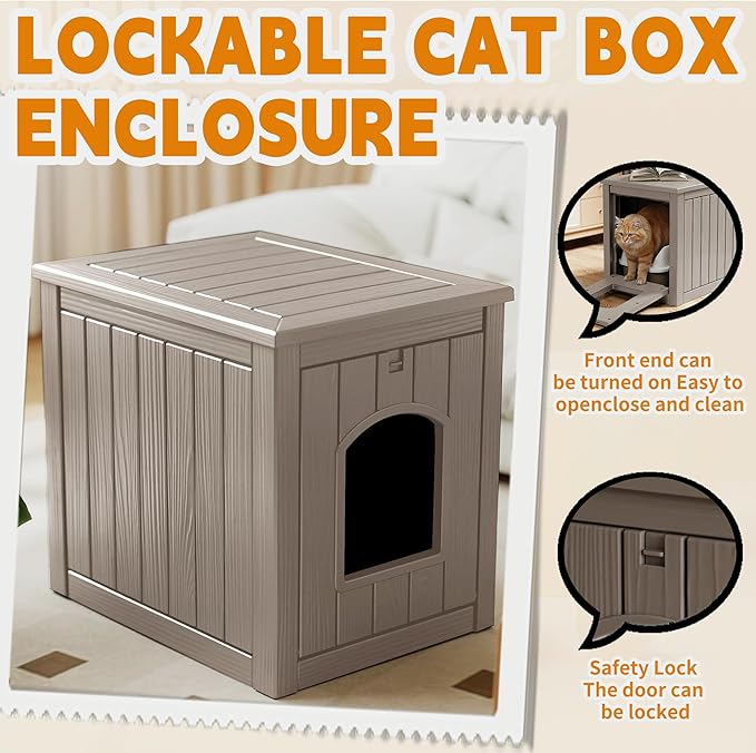 Cat Litter Box Enclosure, Multi-Functional Hidden Litter Box Furniture & Indoor Outdoor Cat House with Side Table Design, Openable Front Door & Raised Floor, Easy to Clean & Assemble, Grey