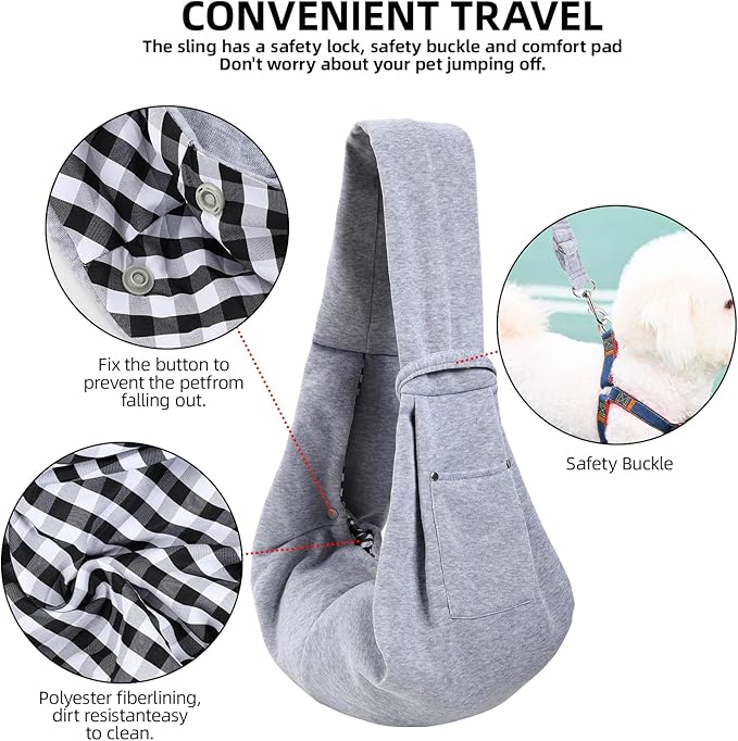 Dog Carrier Sling - Reversible Puppy Carrier Purse with Storage Pocket, Hand-Free Dog Sling Carrier for Carry Small Dogs and Cats, Travel Safety Harness, Dog and Cat Harness (Gray)