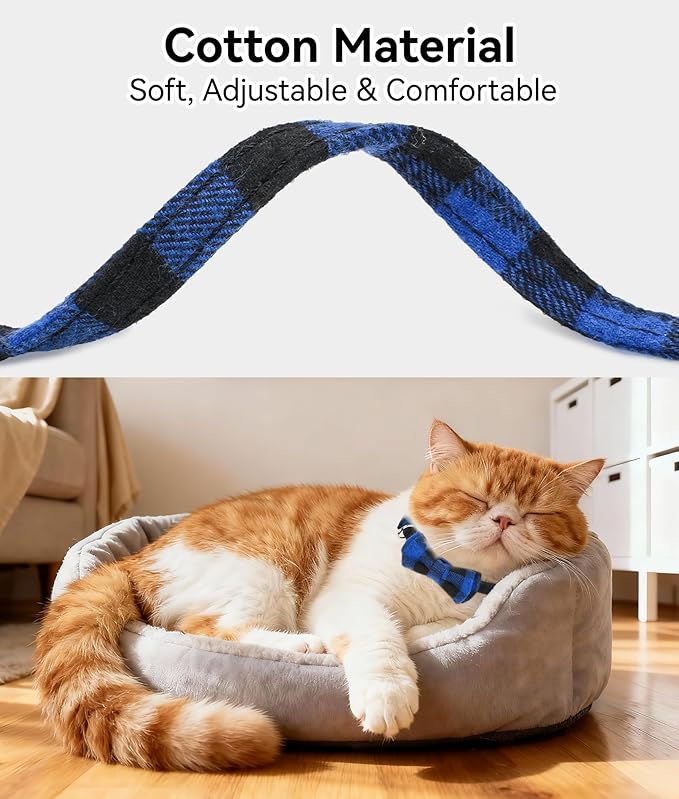 Joytale Upgraded Cat Collar with Bells, Breakaway Cat Collars with Bow Tie, 1 Pack Girl Boy Safety Plaid Kitten Collars, Blue