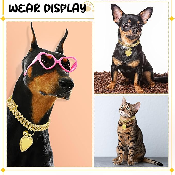 Hillban Dog Chain Gold-Plated Diamond Collar with Heart Rhinestones Jewelry Pet ID Tag Chain Bling Puppy Collar with Personalized Name Tag for Small Medium Large Dog Cat(Gold,8 Inch)
