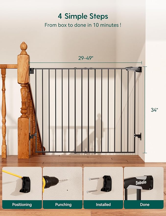 Babelio Baby Gate for Stairs, Kitchen & Doorways, No Bottom Bar| Easy Installation| One-Handed Operation| Auto-Close| Hardware Mount (Drill Needed) Safety Dog Gate (Black - B17, 34" H, 29-49" W-Wide)