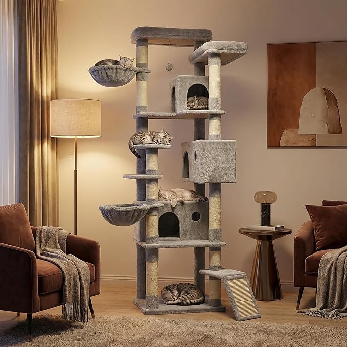 84.6" Multi-Level Tall Cat Tree Tower for Indoor Kitties Larger Cat Condo Furniture with Hammock Cozy Perches Sisal Scratching Posts XXL Pet House (84.6 inch Light Gray)