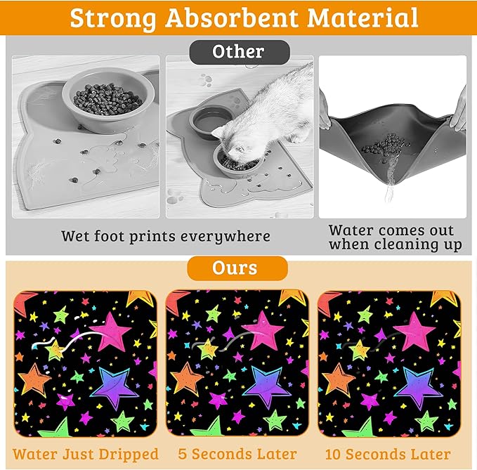 Neon Stars Dog Food Mat,Bright Colorful Absorbent Pet Feeding Mat for Food and Water Bowl,Quick Dry Dog Placemat Non Slip Rubber Backing Waterproof Pet Supplies 12" x 20"