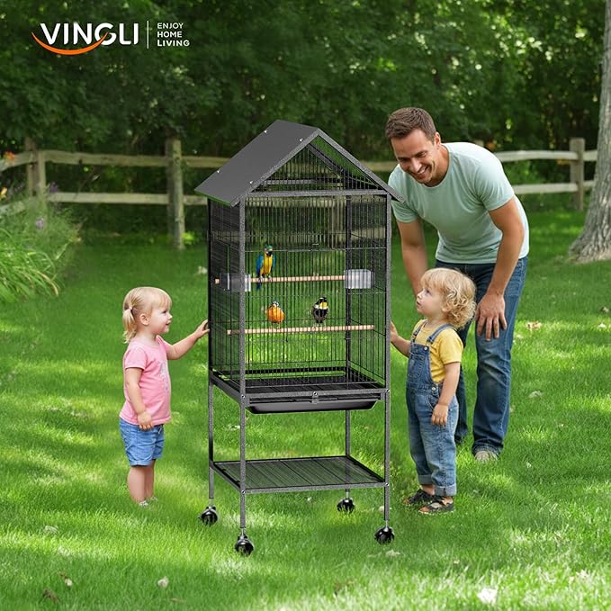 VINGLI Bird Cage with Rolling Stand for Parrots, Cockatiels, Budgies, Lovebirds, Small/Medium Birds (50" H with Spire Roof)