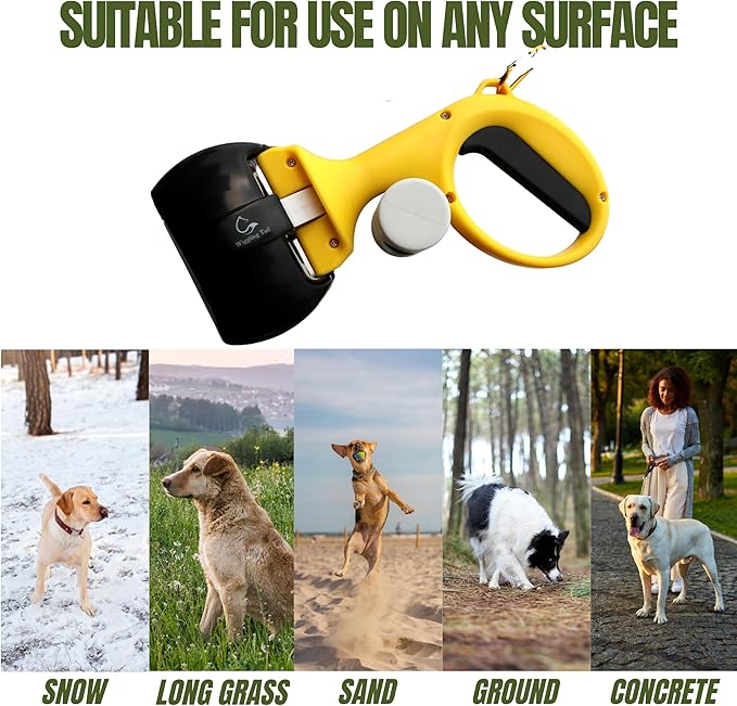 Pet Poop Scooper for Dogs and Cats, Kid-Friendly, Portable & Easy Clean Dog Waste Tool, Hands-Free Bag Attachment for Walks, Indoor, Travel & Outdoor Use, One-Hand Operation (5 Rolls Trash Bags)