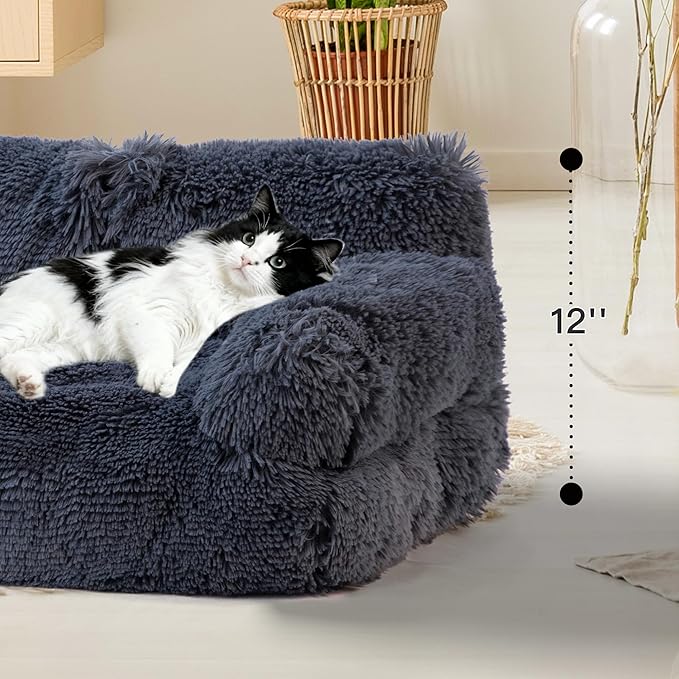 Cat Beds for Indoor Cats, Dog Couch Bed, Cute Cat Couch Sofas, Small Dog Sofas & Chairs with Removable Washable Cover, Warm Soft Pet Furniture for 20lbs Small Dog & Cat, Plush Dark Grey