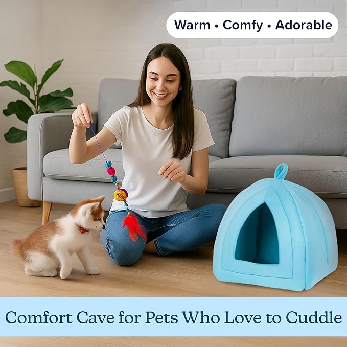 Cat House Indoor Cat Bed with Removable Foam Cushion, Plush Cat Tent Bed for Small Pets, Comfortable Cozy Hideaway for Cats, Kittens, Rabbits, Guinea Pigs, Ferrets, Hedgehogs, by PETMAKER
