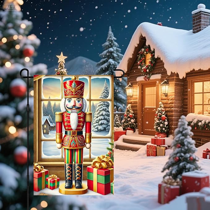Christmas Garden Flag 12x18 Inch Nutcracker Soldier Decor Gift Box Snowy Pine Cottage Winter Forest Red Green Gold Classic Holiday Yard Lawn Outdoor Fence Decoration Tree Ornament Display