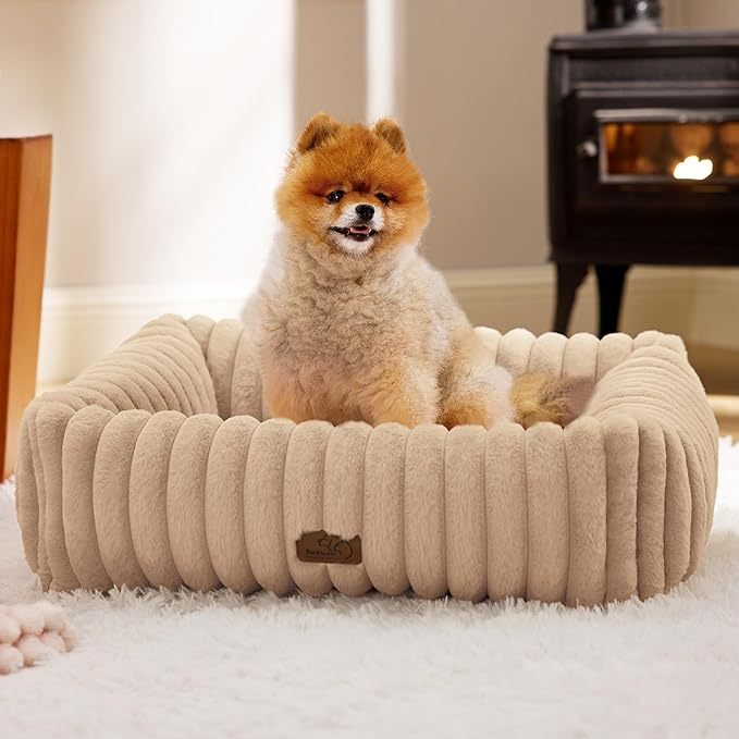 Bedsure ComfyFleece™ Cute Dog Bed for Small Medium Dogs - Washable Furry Puppy Beds, Rectangle Orthopedic Corduroy Fleece Pet Beds with Removable Zipper Cover, 25x21x7inches,Sandy Beige
