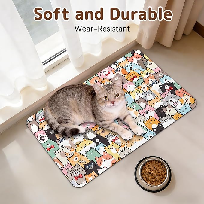 Dog Food Mat for Bowls, Absorbent Quick Dry Dog Cat Mats for Food and Water, Non-Slip Backing Pet Mat Pet Supplies - Cat Pattern