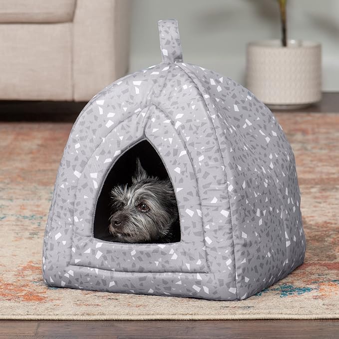Furhaven Cat Bed Cave for Indoor Cats & Small Dogs, Washable & Foldable w/ Removable Cushion - Polycanvas Print Pet Tent - Gray Terazzo, Small