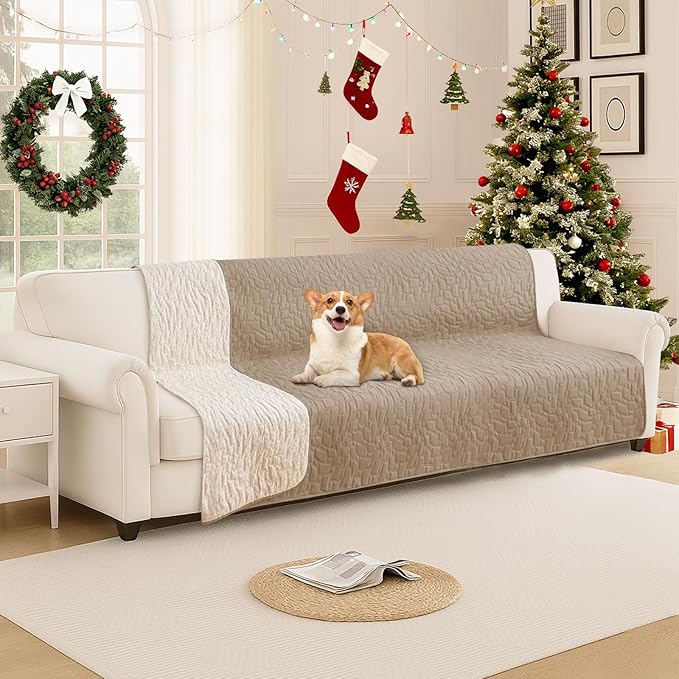 Waterproof Dog Bed Cover Pet Blanket, Soft Couch Cover for Dogs Washable, Non-Slip Dog Blanket Protect Furniture Couch Sofa Car for Puppy Large Dogs Cat (82x102 Inch, Khaki)
