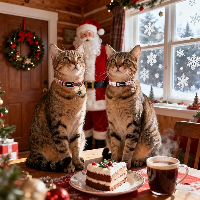 2 Pack Christmas Cat Collars Breakaway with Bell, DOGWONG Safety Buckle Christmas Snowman Cute Cat Collar for Girl Boy Cats，Adjustable 7-12 Inch