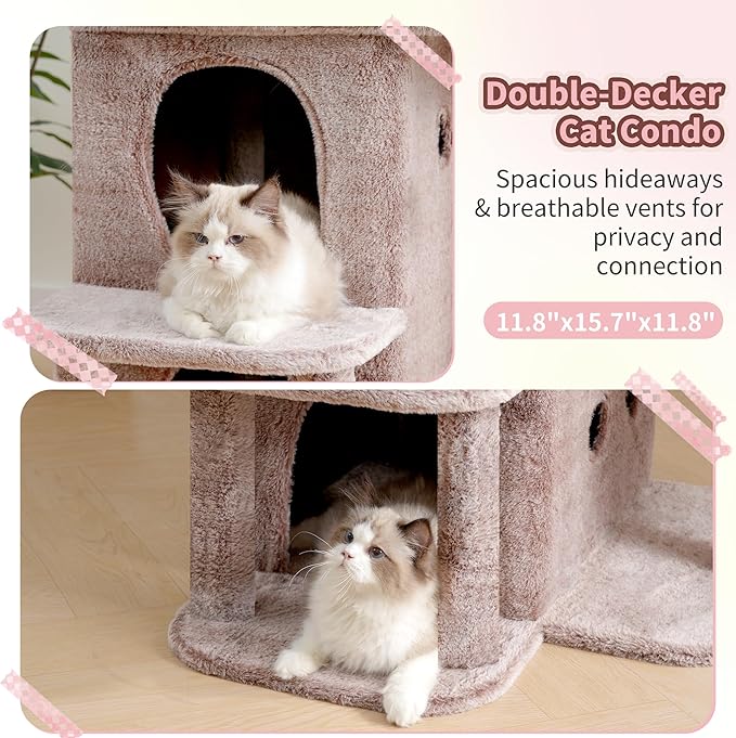 Heybly Cat Tree, 25.6-inch Cat Tower with Spacious Top Perch for Large Cats, Stair-Style Cat House Furniture with Dual-Layer Condos, Sisal Scratching Posts, Cozy Basket & Pompom, Muchroom HCT204SMU