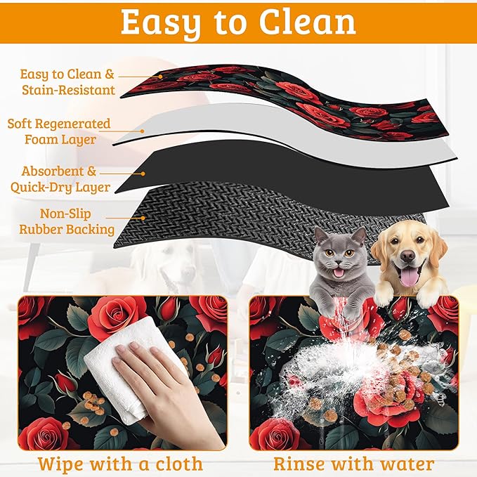 Retro Rose Feeding Mat,Green Leaf Absorbent Quick-Dry Cat Dog Food and Water Bowl Mats,Non-Slip Rubber Backing Mat,Cat Dog Accessories Supplies 16" x 24"