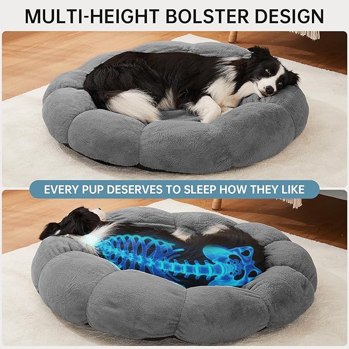 OhGeni 36 inches Calming Donut Orthopedic Dog & Cat Bed for Large Pets, Warming Comfort Fluffy Short Pile Fur, Durable Waterproof Machine Washable Removable Cover, Cute Round Bed for Puppy, Dark Gray