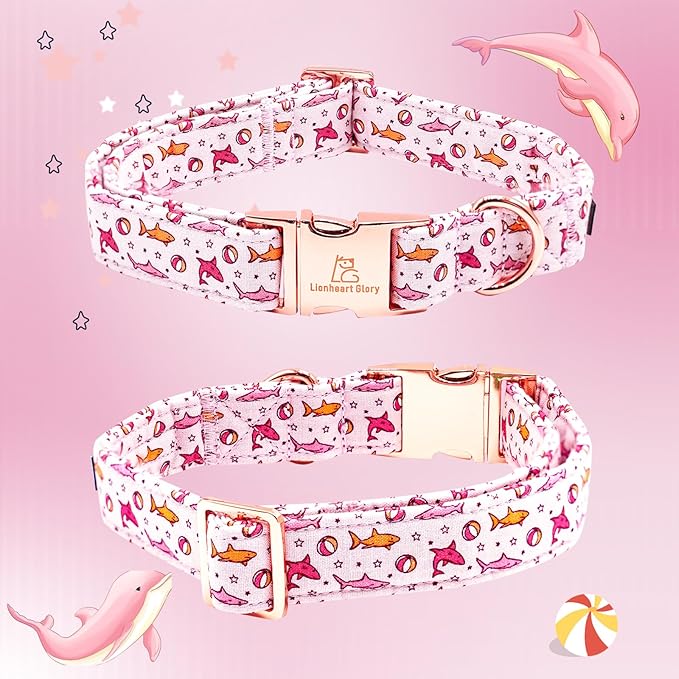 Lionheart glory Dog Collar Shark Print Dogs Bow Collar Adjustable Soft Pink Dog Collars Male or Female Summer Spring Collars with Bowtie for Small Dogs
