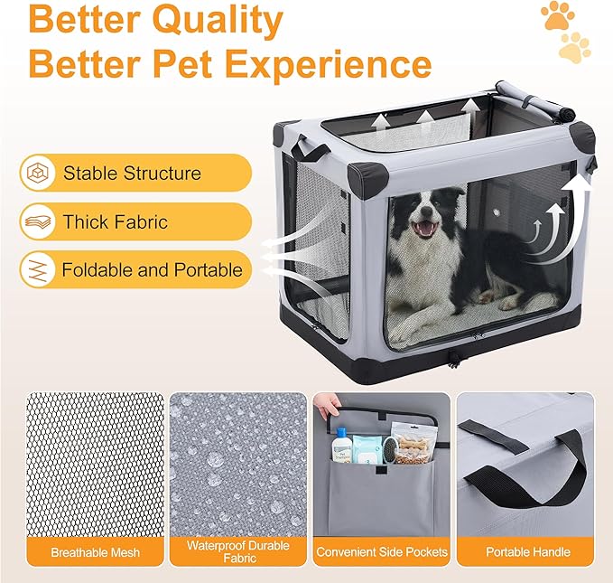 Dog Travel Crate 30 Inch, Portable Soft-Sided Travel Carriers for Dogs and Cats, Foldable Pet Kennel with 3-Doors Mesh Windows Indoor & Outdoor, Grey