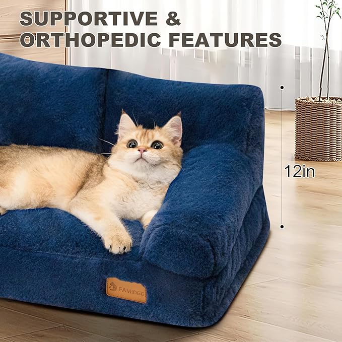 Plush Cat Couch Bed - Cat Bed for Indoor Cats, Dog Sofa Bed, Short Rabbit Fleece Calming Pet Couch with Removable Cover, Anti-Shedding Pet Sofa for Small/Medium Pets (26×18×12in, Navy Blue)