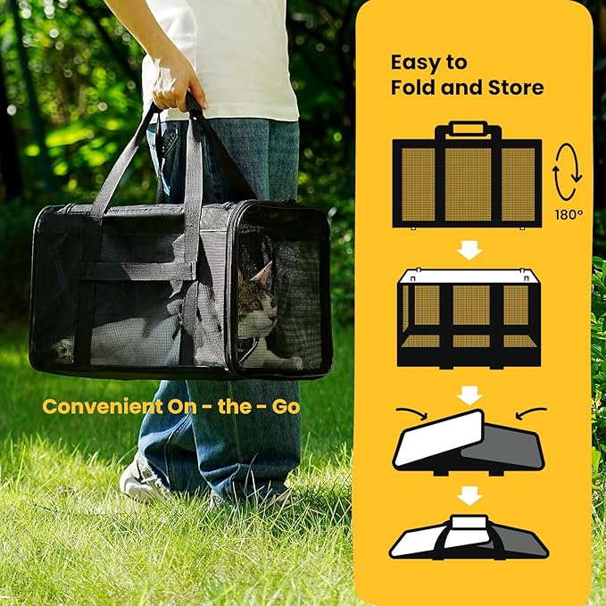 Cat Carrier Bag,Soft-Sided Pet Carriers for Dogs with 4-Sided Mesh,Airline Approved Cat Transport Carrier for Small&Medium Cats Kitten Puppy Up to 15Lb,Collapsible Cat Travel Carrier-M,Black