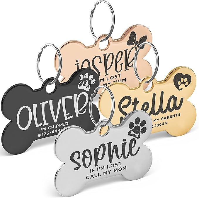 Engraved Pet ID Tags for Cats, Dogs - 4 Color & 5 Shape Options, Personalized w/ 20 Icons, Name, Address, Phone Number - Accessories for Four Legged Friends, Stainless Steel #Rectangular - Silver
