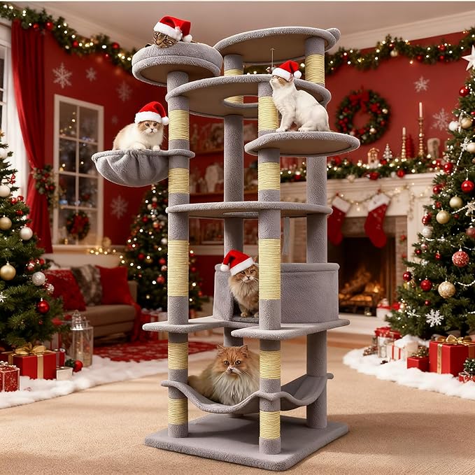 78.8" Large Cat Tree Tower for Indoor Kitties, Multi-Level Furniture Activity Center for Tall Cat Condo with Cozy Perches,Sisal Scratching Posts,Hammock and Basket (78.8 inch Light Gray)