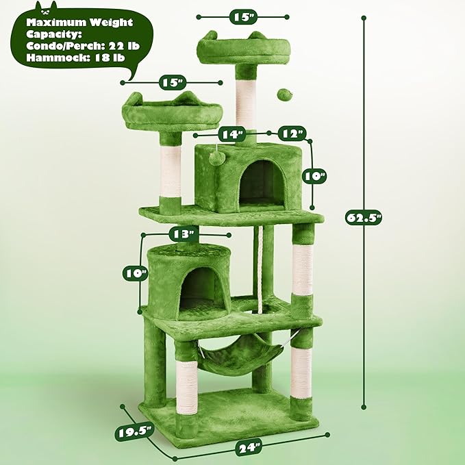 Yaheetech 62.5inches Cat Tree Cat Tower Kitten Condo with Platform & Hammock, Scratching Posts for Kittens Pet Play House with Plush Perch for Indoor Activity Relaxing, Green