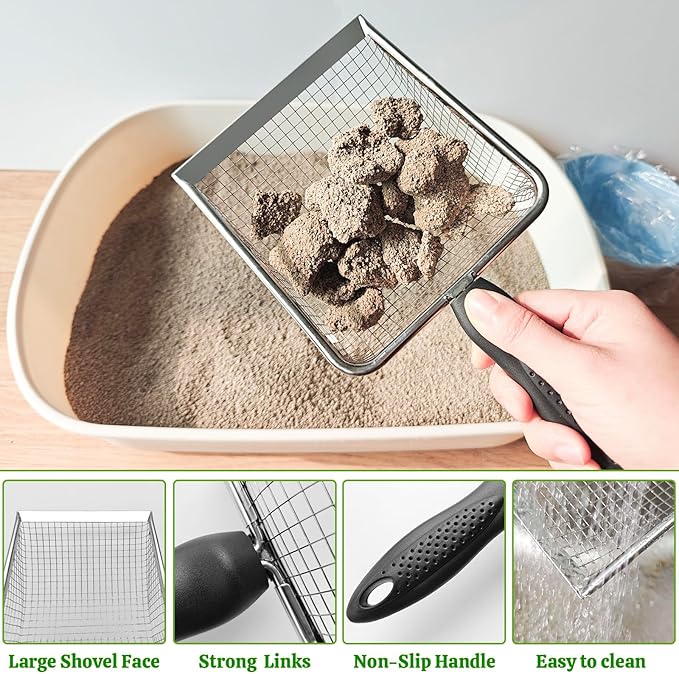 Widened Metal Cat Litter Scoop, Cat Scooper for Litter Box, Stainless Steel Pellet Kitty Litter Scoop, Cat Litter Scooper with Sticky Hang Hook for Easy Storage, Quickly Filter Litter Lumps(6mm Mesh)