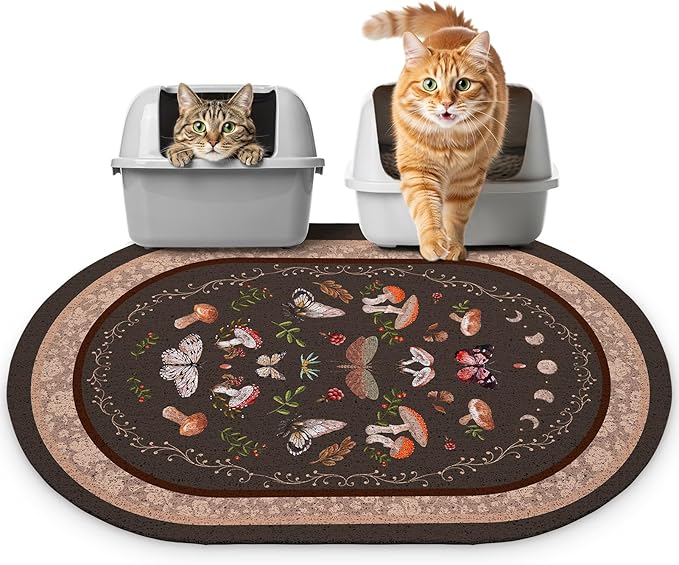 Bienbee Cat Litter Mat, 33" x 22" Large Size Litter Box Mat Rug with Non-Slip Bottom,Urine and Water Proof, Easy to Clean Cat Supplies Essentials for Indoor Kitty Kitten Floor,Brown Mushrooms L