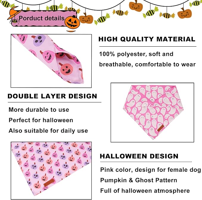 ADOGGYGO Pink Halloween Dog Bandanas 2 Pack, Reversible Ghost Pumpkin Scarf Bib, Adjustable Fit Pink Halloween Bandana for Small Dogs Girl (Small)