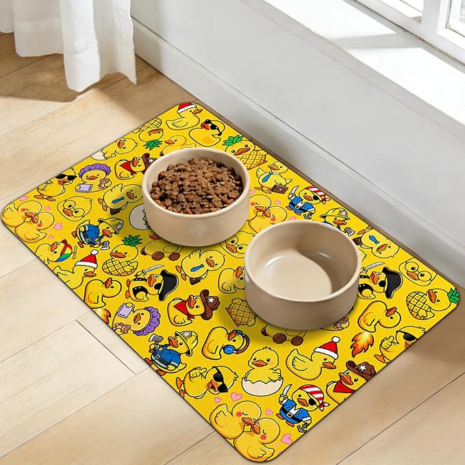 Dog Food Mat for Bowls, Absorbent Quick Dry Dog Cat Mats for Food and Water, Non-Slip Backing Pet Mat Pet Supplies - Duck Pattern
