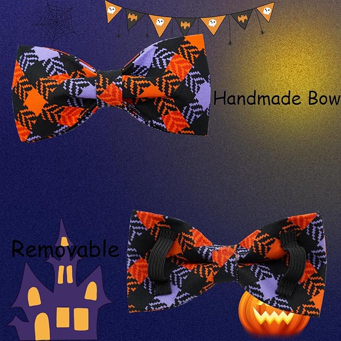 Halloween Dog Collar, Pet Collar Bow Plaid Collars Girl Boy Holiday Pet Collars Gift Bow Dog Collar Cute Soft Puppy Collar for Large Dogs