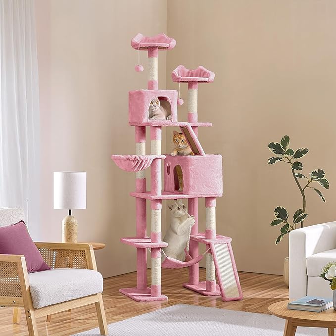Yaheetech Cat Tree, 82.5in Super Tall Tower w/Cute Top Perches, Scratching Posts, 2-in-1 Ramps, Cozy Basket, Extra Large Condo for Indoor Kittens, Pink