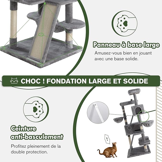 MUTICOR 66 Inches Multi-Level Large Cat Tree Tower for Indoor Big Feline/Cozy Plush Perches/Condo/Sisal Scratching Posts/Hammock and Baskets/Activity Center Play House/Wide Base/Grey
