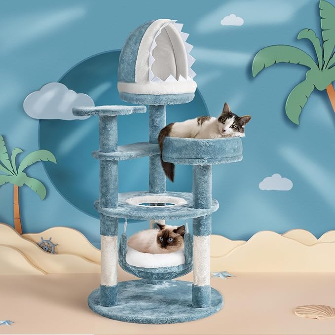 Yaheetech 45.5in Ocean-Themed Cat Tree Multi-Level Cat Tower, Plush Pet Furniture with Shark's Mouth-Shaped Nest, Sea Star-Shaped Perch, Jellyfish-Style Hammock for Indoor Kitty
