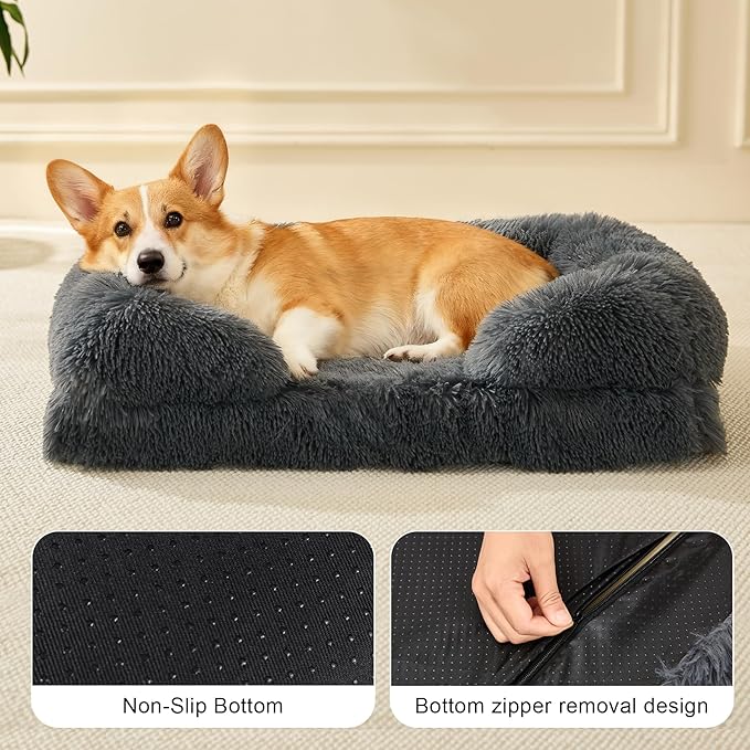 Orthopedic Dog Bed for Medium Dogs of Comfortable Memory Foam Pet Bed with Sides,Fluffy Dog Couch Sofa Bed with Anti-Slip Bottom Dark Grey M