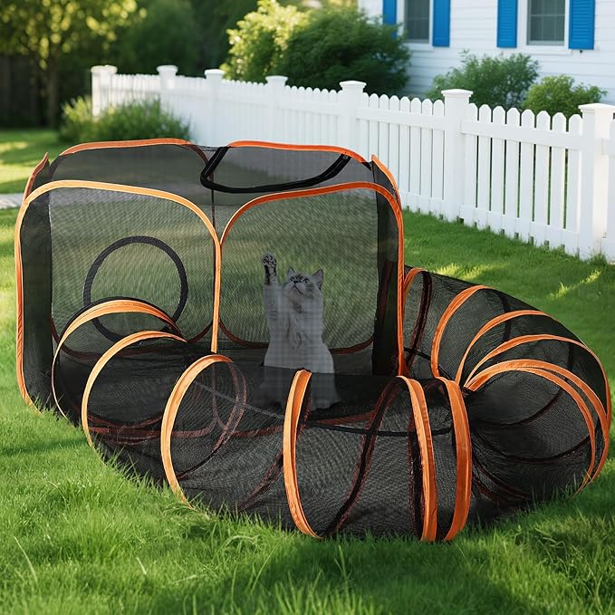 Outdoor Cat Enclosure with Circle Tunnel for Kitten Kitty Run - Portable Cat Playpen Tent Outdoor Indoor Pet Tent for Outside Small Animals