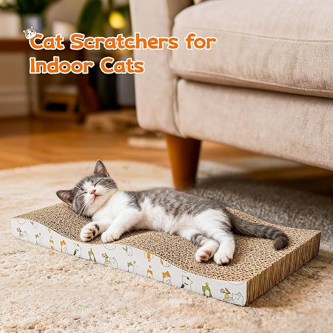 PatiencET Cardboard Cat Scratcher Pads, 4-Pack (2 Flat Double-Sided, 2 Wavy), Catnip Included, for Small and Medium Indoor Cats