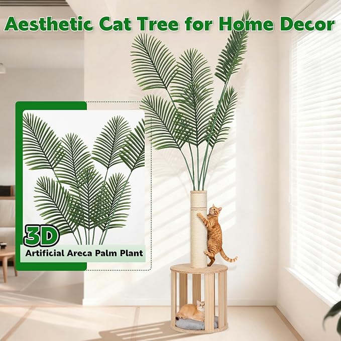 82.7'' Tall Modern Cat Tree for Indoor Cats,Artificial Areca Palm Tree Cat Tower with Solid Wood Cat Bed,Nature Sisal Scratching Post,Removable Mat,Aesthetic Cat Activity Center for Small Medium Cats