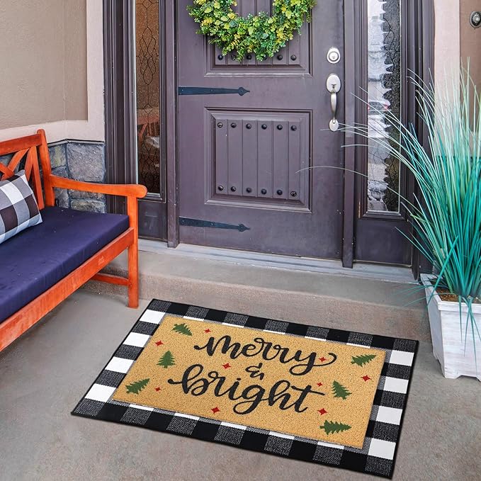Tinideya 2 Pcs Door Mat Welcome Non Slip Coir Mats Floor Layering Doormats Seasonal for Front Porch Entryway Decor(Rustic Christmas)