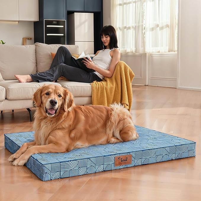Outdoor Dog Bed for Small Dogs & Cats, Waterproof Dog Crate Mat Orthopedic Egg Crate Foam with Washable Removable Oxford Cover, White Blue
