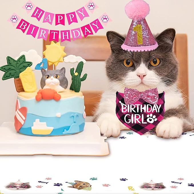 STMK Cat Birthday Decorations, Cat Birthday Hat with Numbers Bandana Bow Tie Collar Banner for Cats Kittens Outfits (Pink)