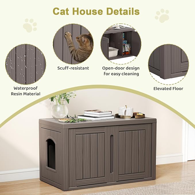 Cat Litter Box Enclosure, Hidden Enclosed Litter Box Furniture with Adjustable Partition, Multi-Functional Outdoor Cat House, Side Table, Easy to Clean, Dark Gray