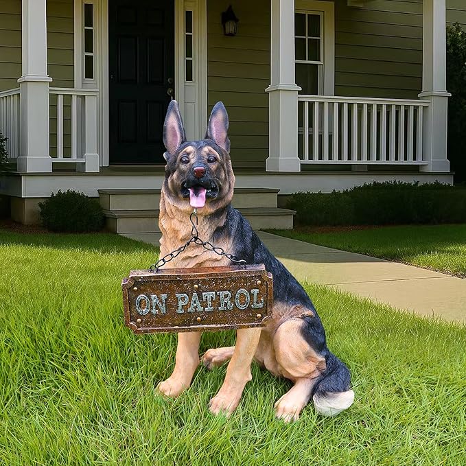 German Shepherd Statue Outdoor Decorations – Dog Statues Outdoor Sitting German Shepherd with Replaceable Solar Light & Welcome Sign for Porch Décor