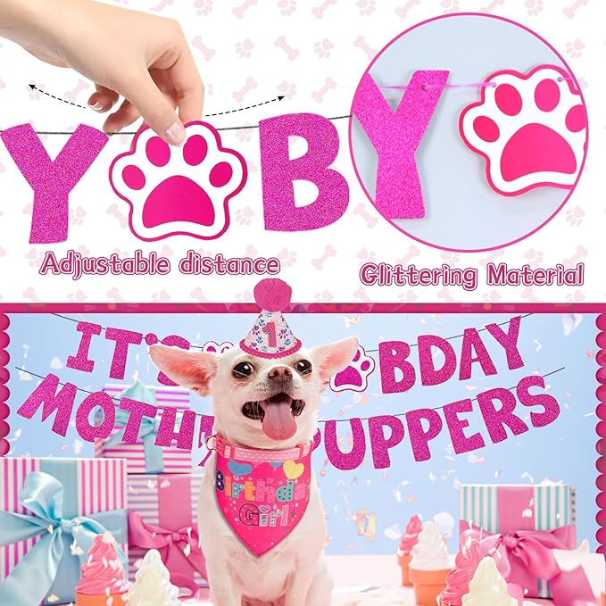 Hot-Pink Dog Birthday Party Supplies Pet Birthday Bandanas Girl Doggy Birthdays Hat Bow Tie Greeting Card Numbers It’s My Bday Mother Puppers Sign Banner for Medium Large Pets