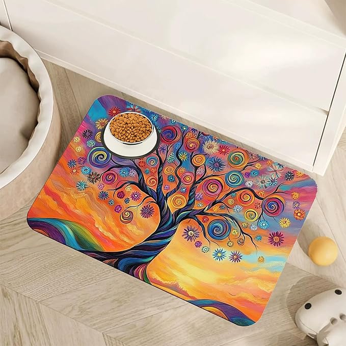 Abstract Tree Flowers Dog Food Mat for Floors,Color Absorbent Pet Food and Water Bowl Mats,Non-Slip Pet Feeding Mat,Pet Supplies 16" x 24"