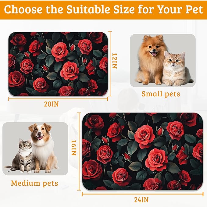 Retro Rose Feeding Mat,Green Leaf Absorbent Quick-Dry Cat Dog Food and Water Bowl Mats,Non-Slip Rubber Backing Mat,Cat Dog Accessories Supplies 12" x 20"