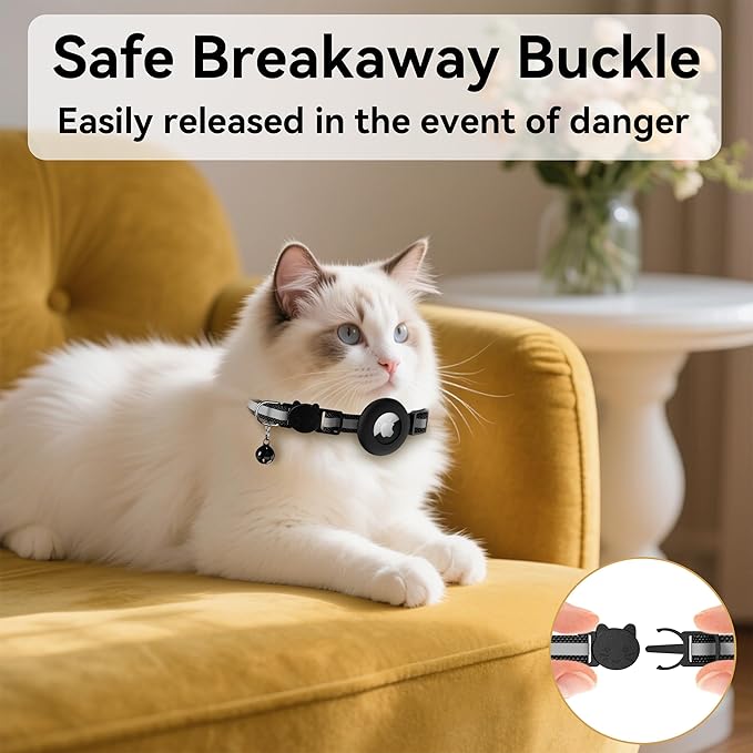Vanjua 2 Pack Airtag Cat Collar Breakaway with Bell, Reflective Kitten Collar with Air Tag Cat Collar Holder Case for Girl Boy Cats, Pet Supplies Accessories (Black A+Black B)