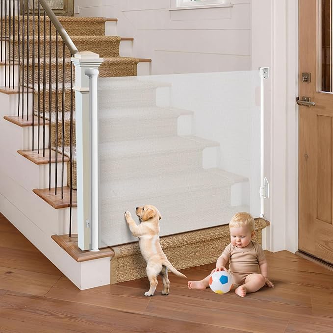 Retractable Baby Gate for Stairs, 55" Wide Mesh Pet Gate, Automatic Tension, One-Hand Operation, 38" Tall Baby Gates for Doorways, Hallways, Deck, Indoor Outdoor, Safe, Easy to Fit, White